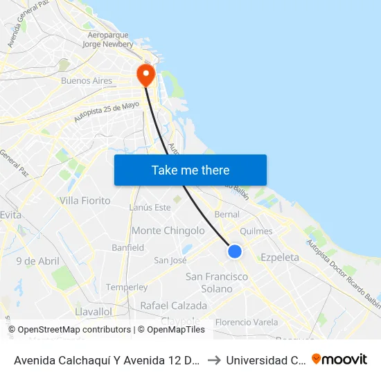 Avenida Calchaquí Y Avenida 12 De Octubre to Universidad Caece map