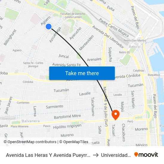 Avenida Las Heras Y Avenida Pueyrredón (60 - 102) to Universidad Caece map