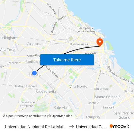 Universidad Nacional De La Matanza to Universidad Caece map