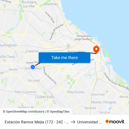 Estación Ramos Mejía (172 - 242 - 325 - 624) to Universidad Caece map