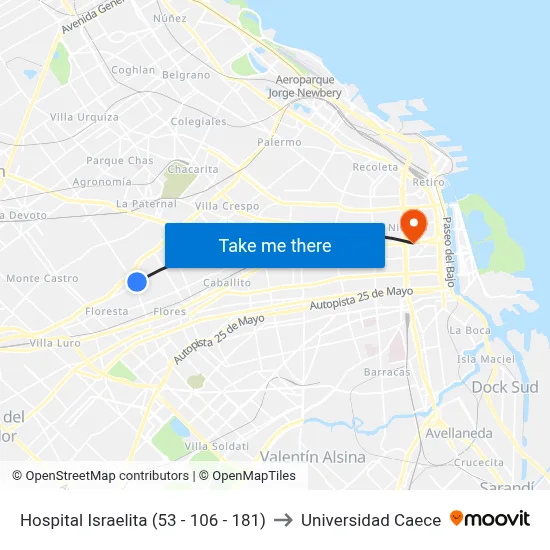 Hospital Israelita (53 - 106 - 181) to Universidad Caece map