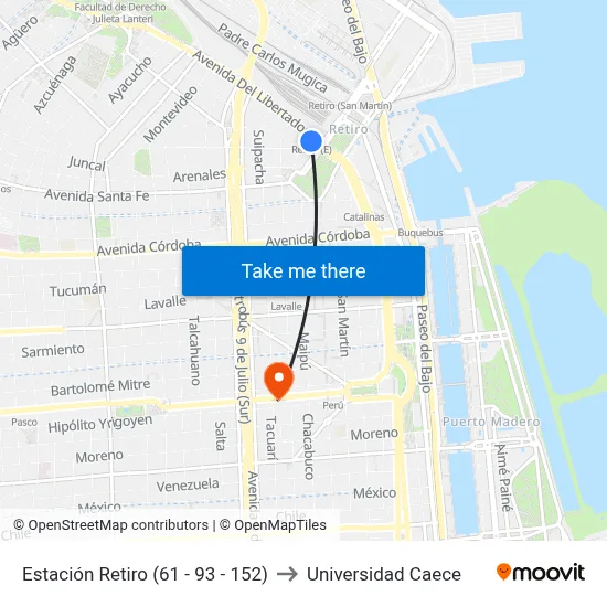 Estación Retiro (61 - 93 - 152) to Universidad Caece map
