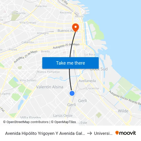 Avenida Hipólito Yrigoyen Y Avenida Galicia (33 - 45 - 51 - 85 - 271 - 277 - 373) to Universidad Caece map
