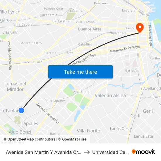 Avenida San Martín Y Avenida Crovara to Universidad Caece map