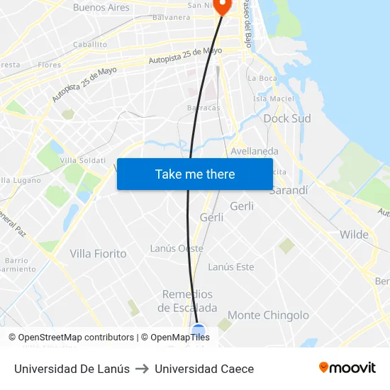 Universidad De Lanús to Universidad Caece map