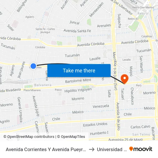 Avenida Corrientes Y Avenida Pueyrredón (24 - 26) to Universidad Caece map