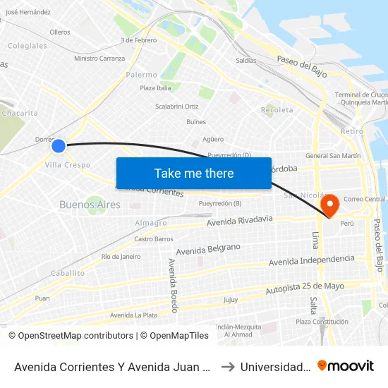 Avenida Corrientes Y Avenida Juan B. Justo (19 - 71) to Universidad Caece map