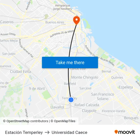 Estación Temperley to Universidad Caece map