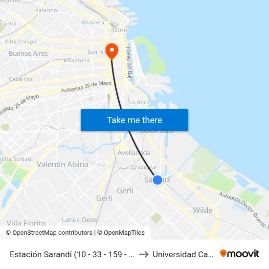 Estación Sarandí (10 - 33 - 159 - 197) to Universidad Caece map