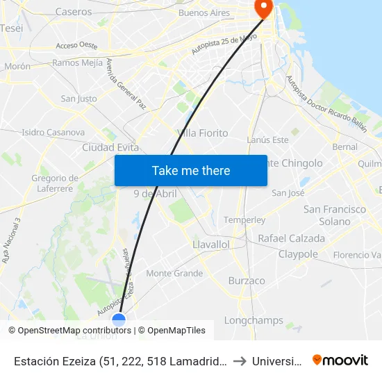 Estación Ezeiza (51, 222, 518 Lamadrid, 518 La Porteña, 518 Spegazzini) to Universidad Caece map