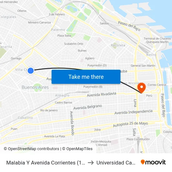 Malabia Y Avenida Corrientes (110) to Universidad Caece map