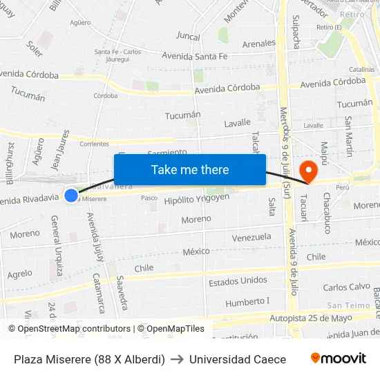 Plaza Miserere (88 X Alberdi) to Universidad Caece map
