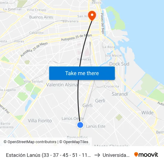Estación Lanús (33 - 37 - 45 - 51 - 119 - 164 - 271 - 277) to Universidad Caece map