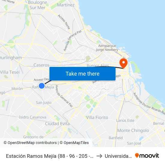 Estación Ramos Mejía (88 - 96 - 205 - 378 - 382 - 620 - 621) to Universidad Caece map