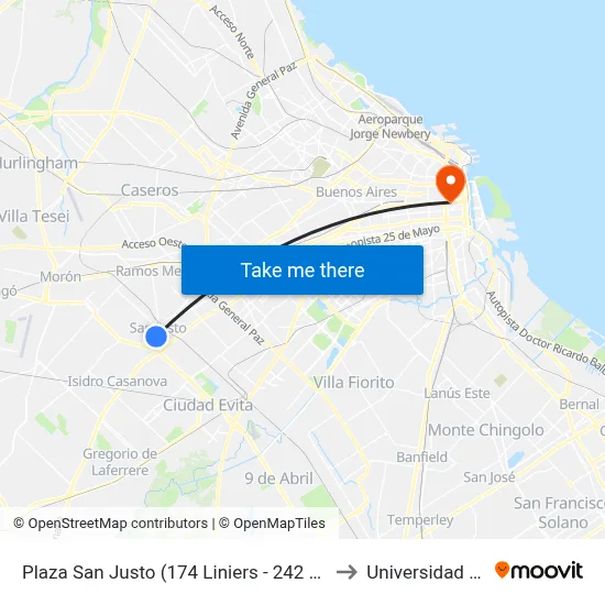 Plaza San Justo (174 Liniers - 242 Liniers - 620) to Universidad Caece map