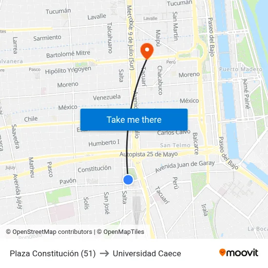 Plaza Constitución (51) to Universidad Caece map