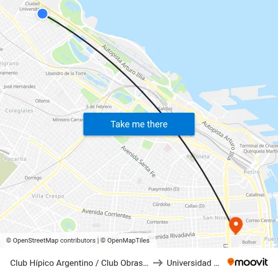 Club Hípico Argentino / Club Obras Sanitarias to Universidad Caece map