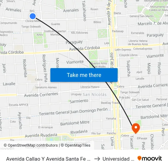 Avenida Callao Y Avenida Santa Fe (10 - 59 - 108) to Universidad Caece map