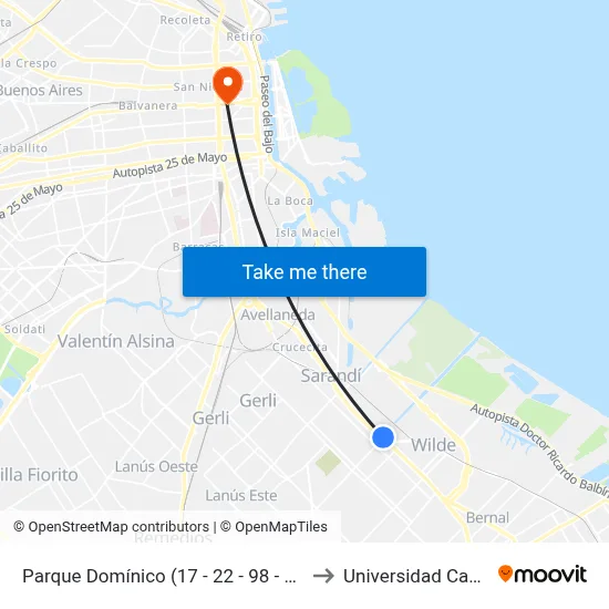 Parque Domínico (17 - 22 - 98 - 197) to Universidad Caece map