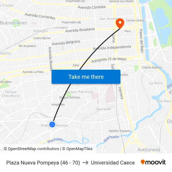 Plaza Nueva Pompeya (46 - 70) to Universidad Caece map