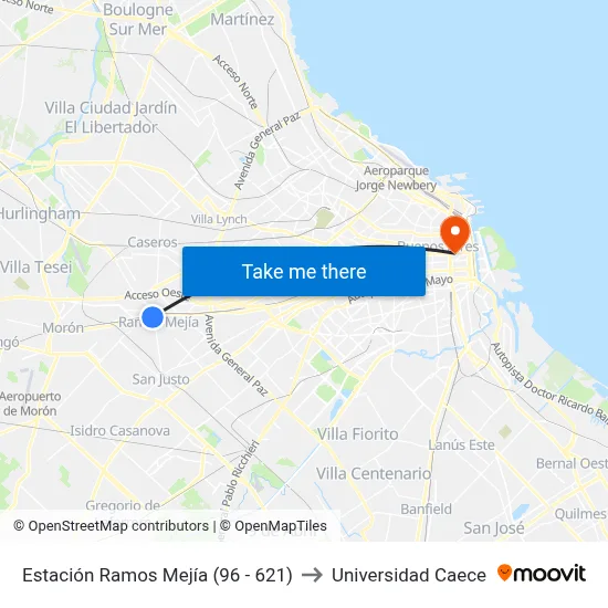 Estación Ramos Mejía (96 - 621) to Universidad Caece map