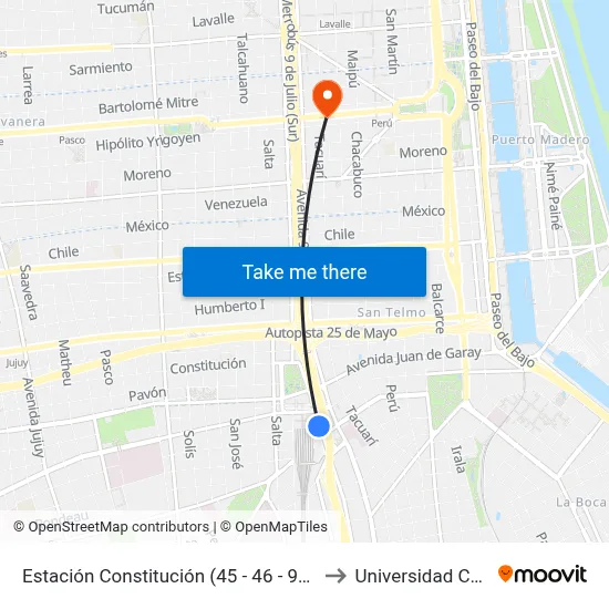 Estación Constitución (45 - 46 - 96 - 154) to Universidad Caece map