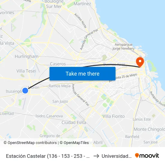 Estación Castelar (136 - 153 - 253 - 322 - 336 - 392) to Universidad Caece map