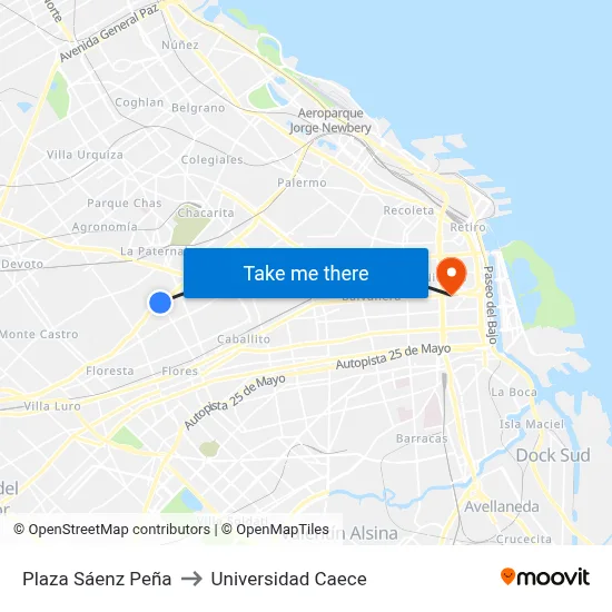 Plaza Sáenz Peña to Universidad Caece map