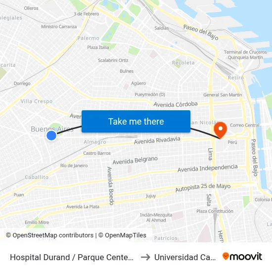 Hospital Durand / Parque Centenario to Universidad Caece map