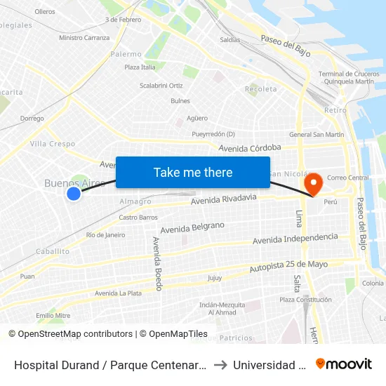 Hospital Durand / Parque Centenario (15 - 119) to Universidad Caece map