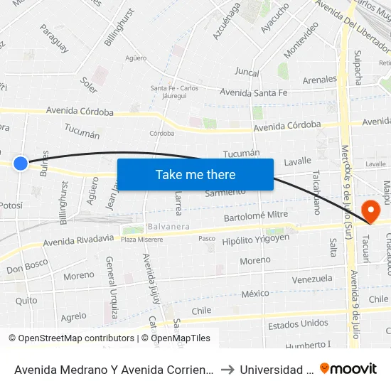 Avenida Medrano Y Avenida Corrientes (128 - 160) to Universidad Caece map