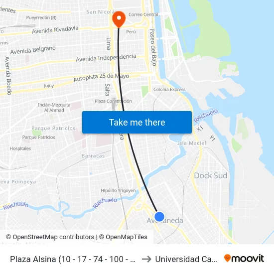 Plaza Alsina (10 - 17 - 74 - 100 - 154) to Universidad Caece map
