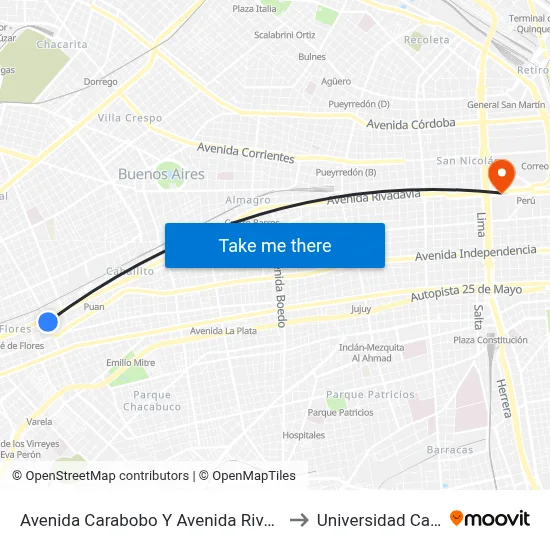 Avenida Carabobo Y Avenida Rivadavia to Universidad Caece map