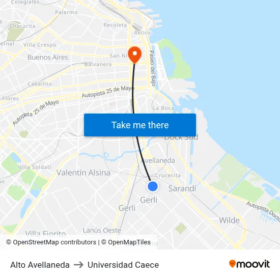 Alto Avellaneda to Universidad Caece map