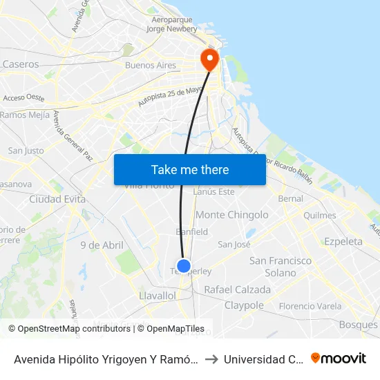 Avenida Hipólito Yrigoyen Y Ramón Falcón to Universidad Caece map