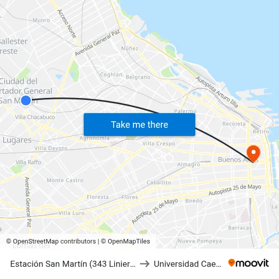 Estación San Martín (343 Liniers) to Universidad Caece map