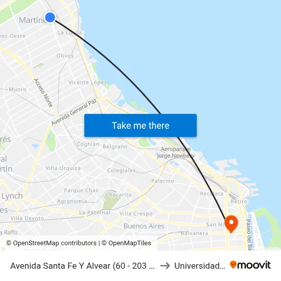 Avenida Santa Fe Y Alvear (60 - 203 - 343 - 365 - 707) to Universidad Caece map