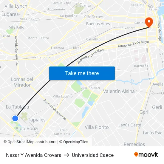 Nazar Y Avenida Crovara to Universidad Caece map