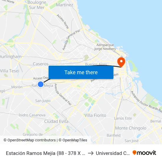 Estación Ramos Mejía (88 - 378 X Pringles) to Universidad Caece map