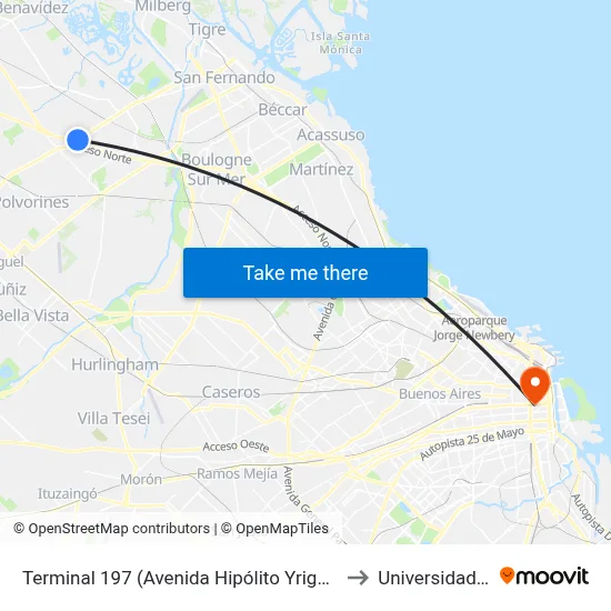 Terminal 197 (Avenida Hipólito Yrigoyen Y Colombia to Universidad Caece map
