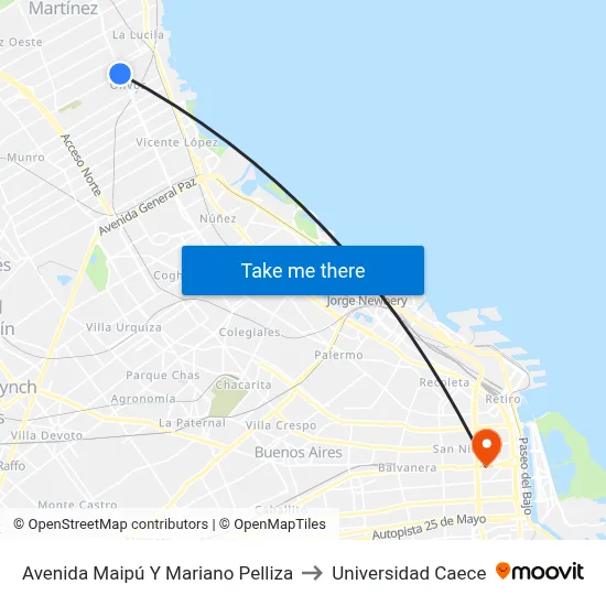 Avenida Maipú Y Mariano Pelliza to Universidad Caece map