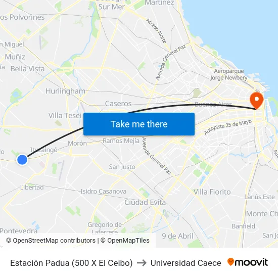 Estación Padua (500 X El Ceibo) to Universidad Caece map