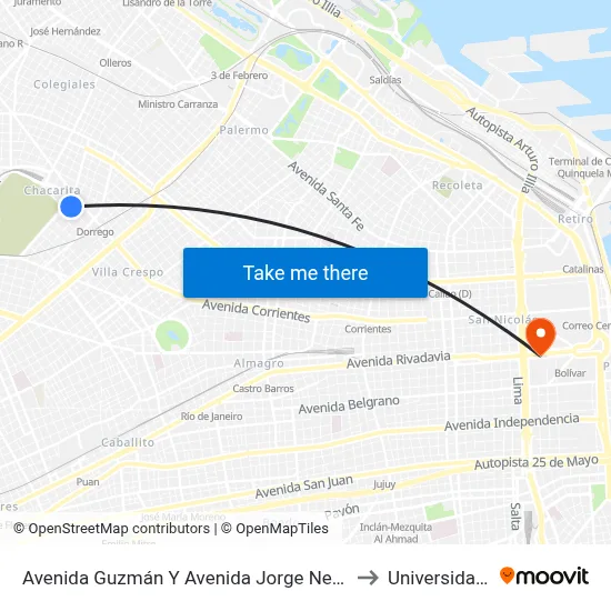 Avenida Guzmán Y Avenida Jorge Newbery (93 - 111 - 176) to Universidad Caece map