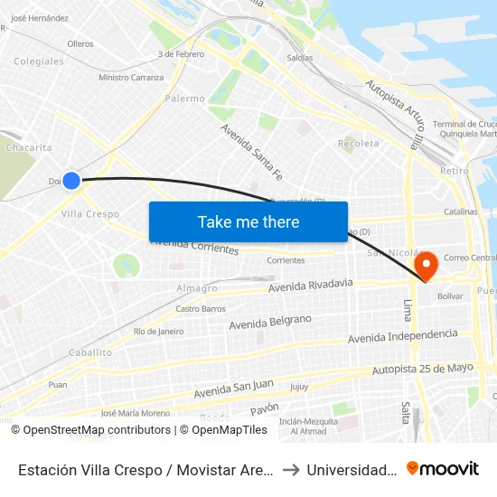 Estación Villa Crespo / Movistar Arena (19 - 65 - 71) to Universidad Caece map
