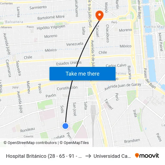 Hospital Británico (28 - 65 - 91 - 151) to Universidad Caece map