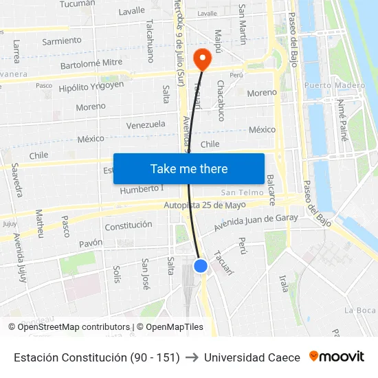 Estación Constitución (90 - 151) to Universidad Caece map
