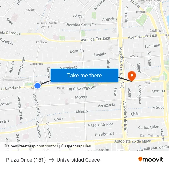 Plaza Once (151) to Universidad Caece map