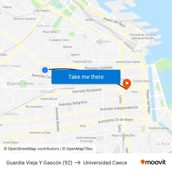 Guardia Vieja Y Gascón (92) to Universidad Caece map