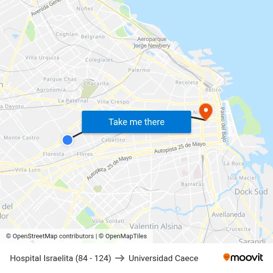 Hospital Israelita (84 - 124) to Universidad Caece map