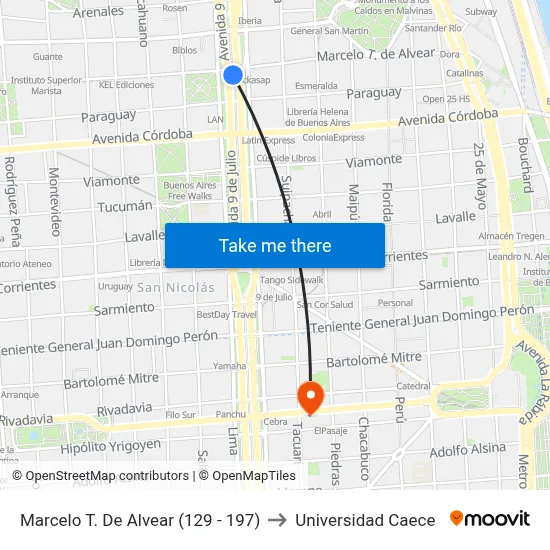 Marcelo T. De Alvear (129 - 197) to Universidad Caece map